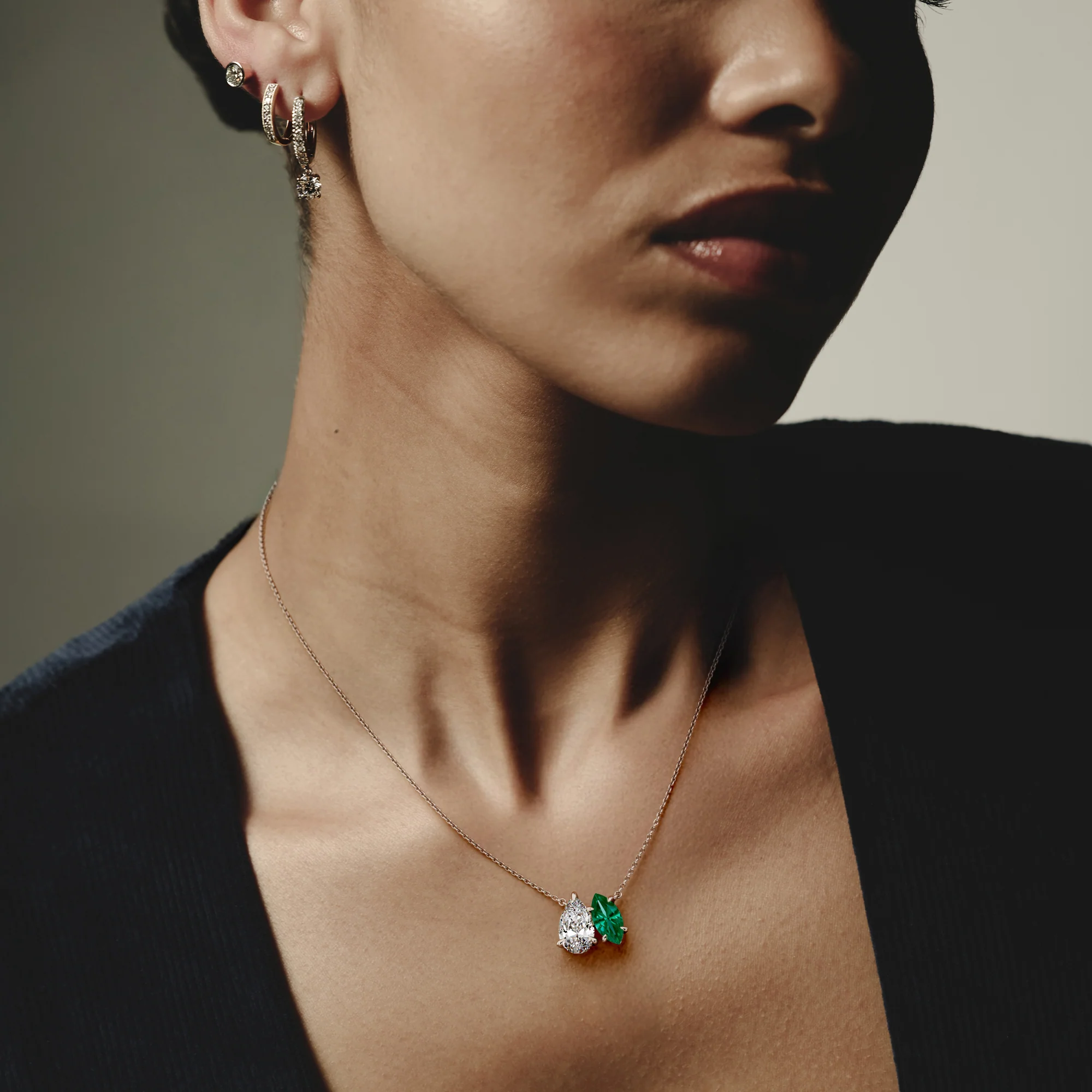 Toi Et Moi 1.50ct Pear Lab Diamond and 1.30ct Marquise Lab Emerald Necklace in 18K White Gold - Image 4
