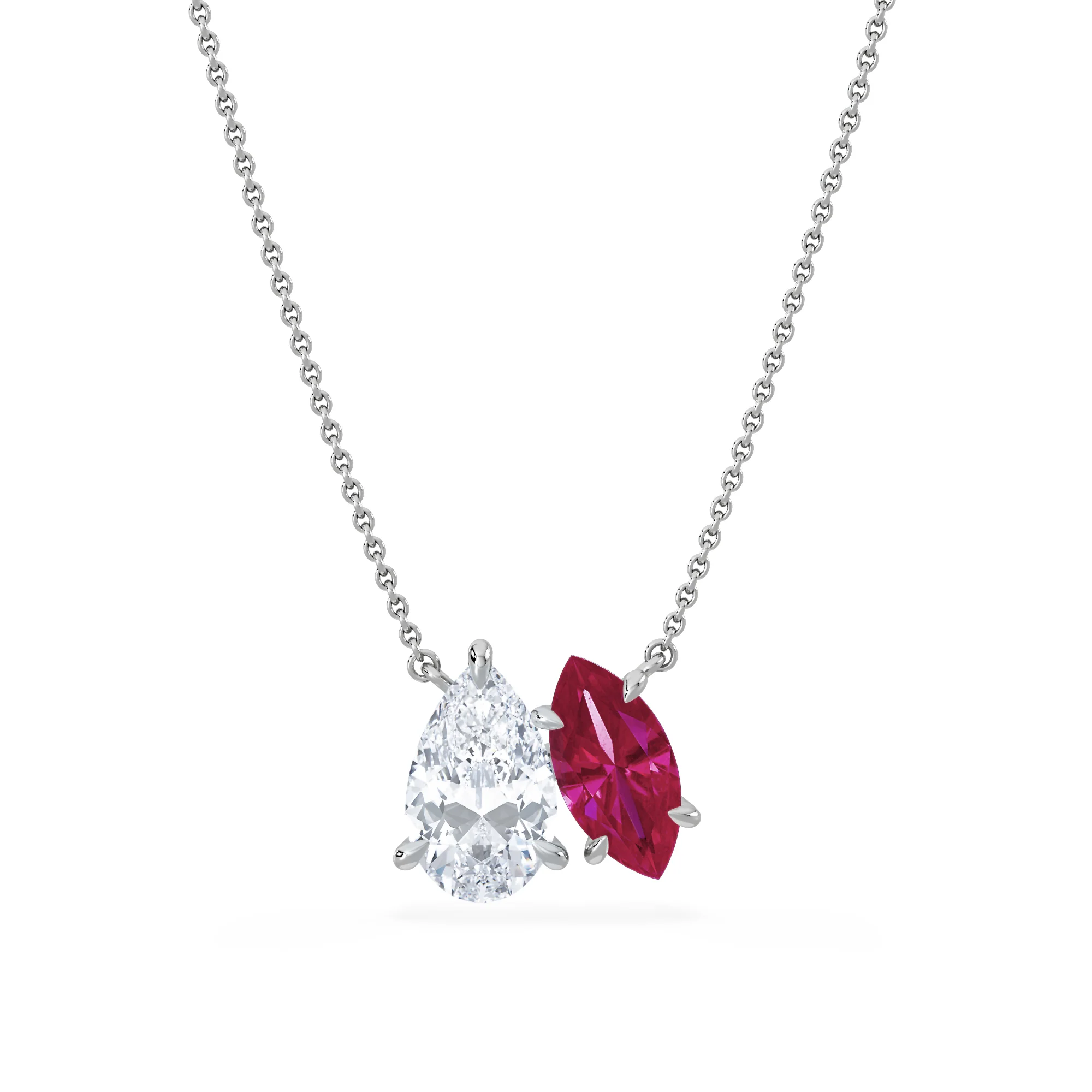 Toi Et Moi 1.50ct Pear Lab Diamond and 1.30ct Marquise Lab Ruby Necklace in 18K White Gold - Image 3