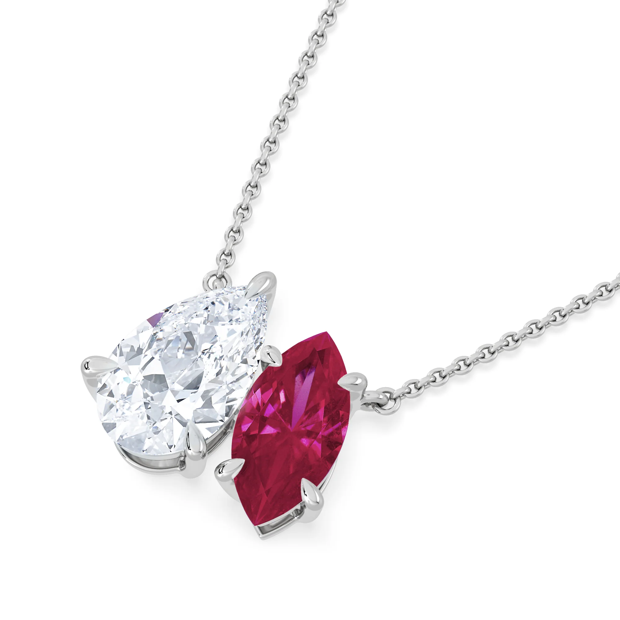Toi Et Moi 1.50ct Pear Lab Diamond and 1.30ct Marquise Lab Ruby Necklace in 18K White Gold - Image 5