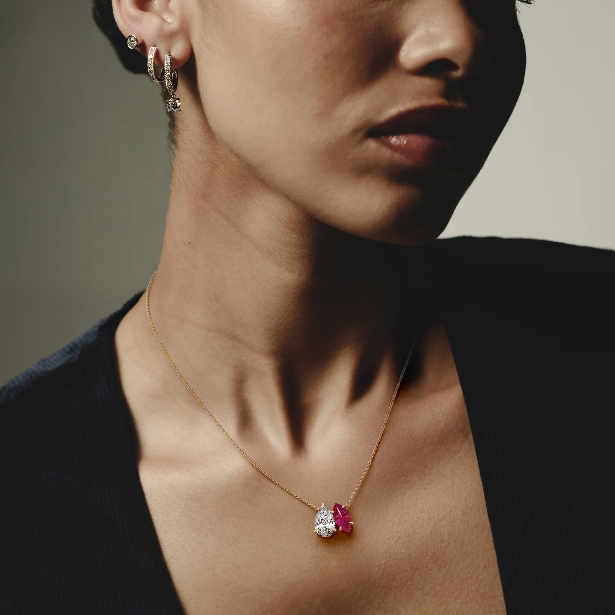 Toi Et Moi 1.50ct Pear Lab Diamond and 1.30ct Marquise Lab Ruby Necklace in 18K Yellow Gold - Image 2