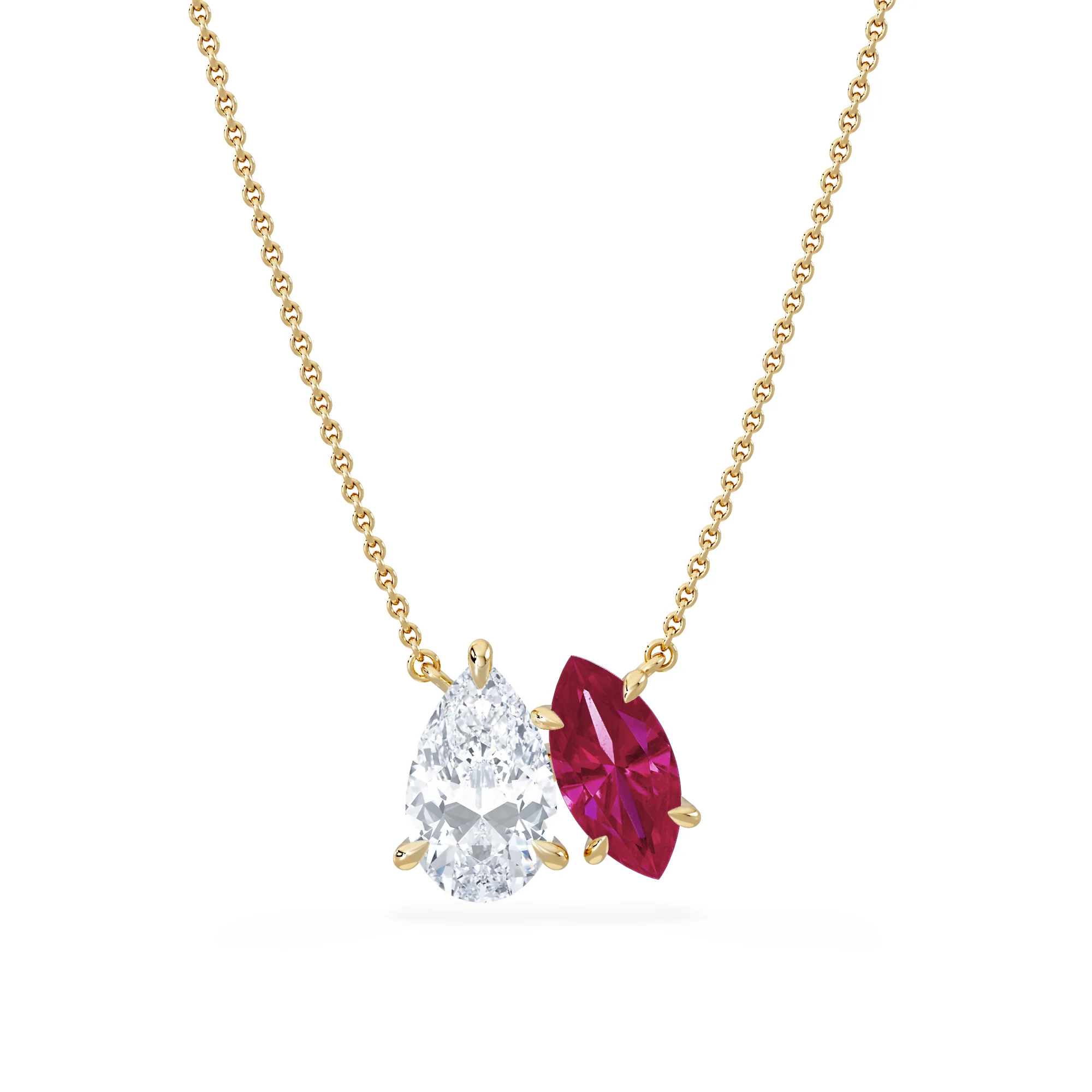 Toi Et Moi 1.50ct Pear Lab Diamond and 1.30ct Marquise Lab Ruby Necklace in 18K Yellow Gold - Image 3