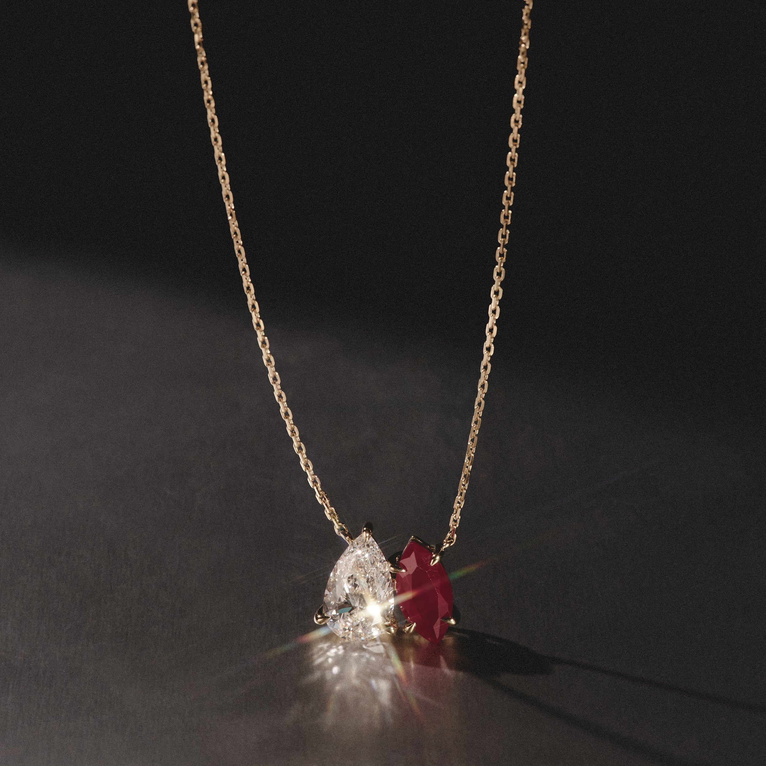 Toi Et Moi 1.50ct Pear Lab Diamond and 1.30ct Marquise Lab Ruby Necklace in 18K Yellow Gold - Image 8
