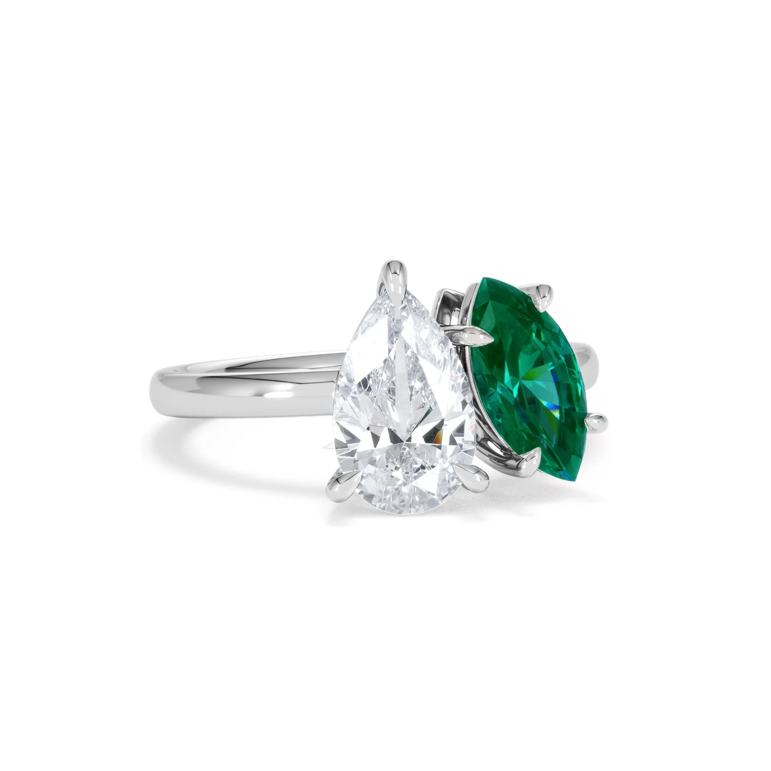 Toi Et Moi 1.50ct Pear Lab Diamond and 1.50ct Marquise Lab Emerald Engagement Ring in Platinum - Image 13