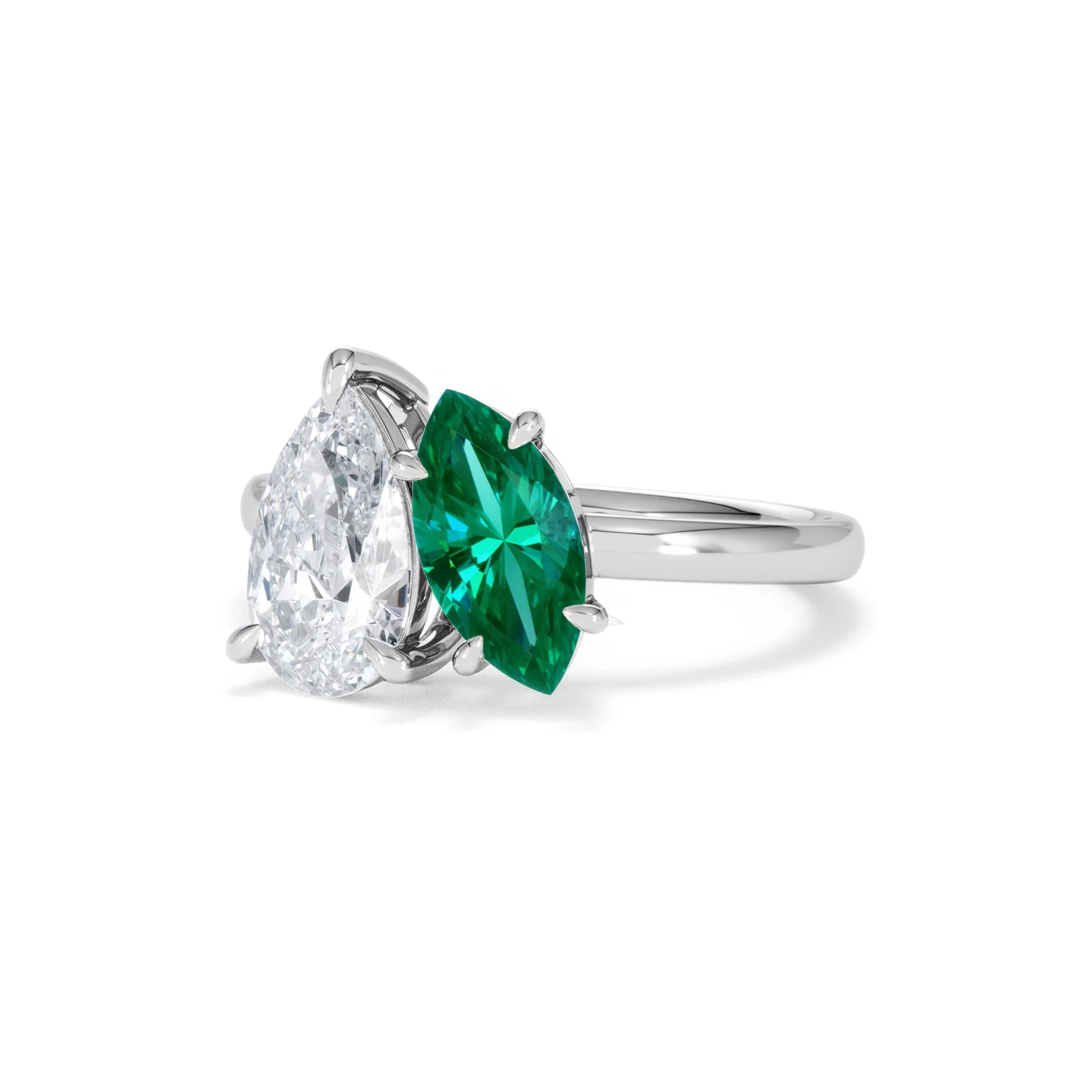 Toi Et Moi 1.50ct Pear Lab Diamond and 1.50ct Marquise Lab Emerald Engagement Ring in Platinum - Image 84