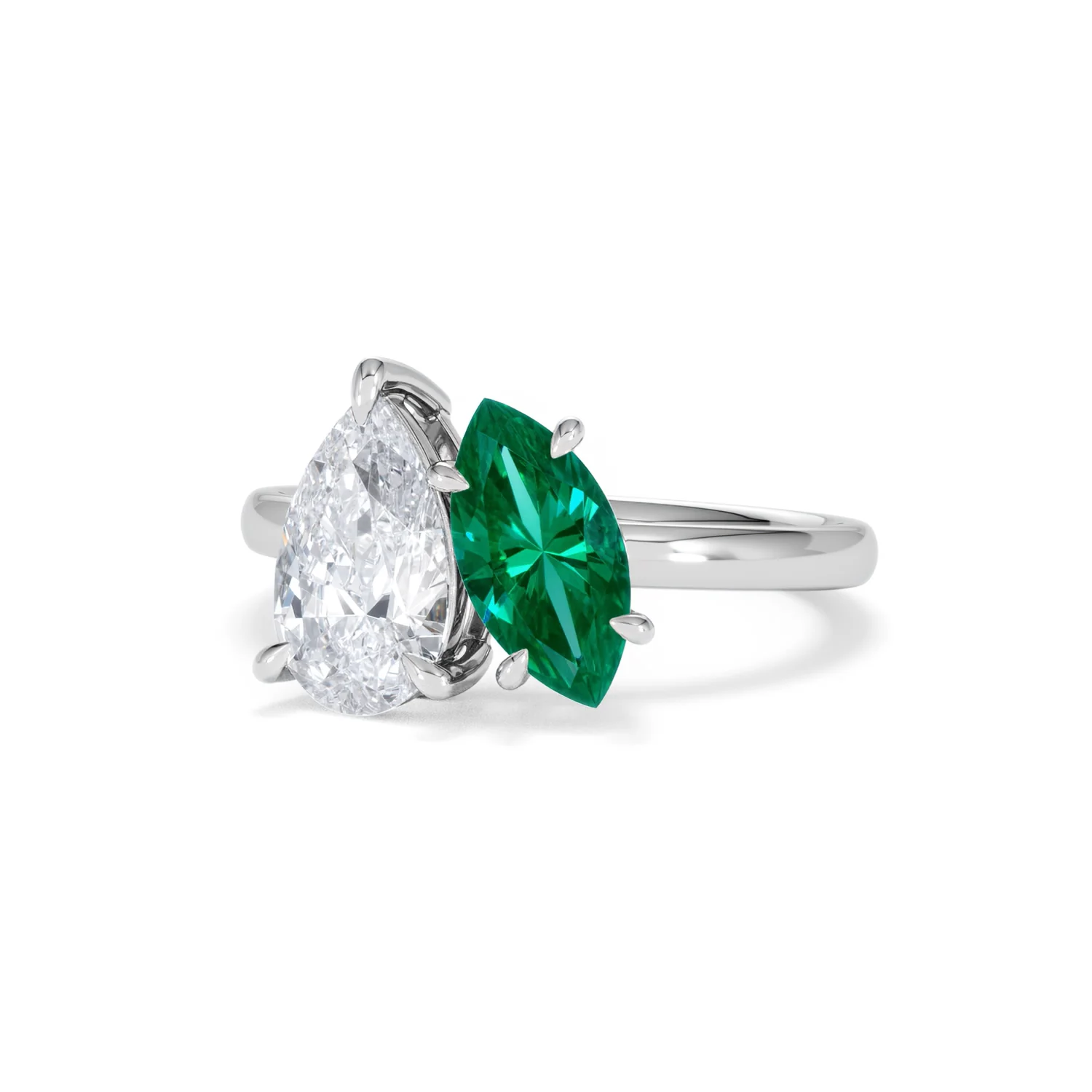 Toi Et Moi 1.50ct Pear Lab Diamond and 1.50ct Marquise Lab Emerald Engagement Ring in Platinum - Image 85