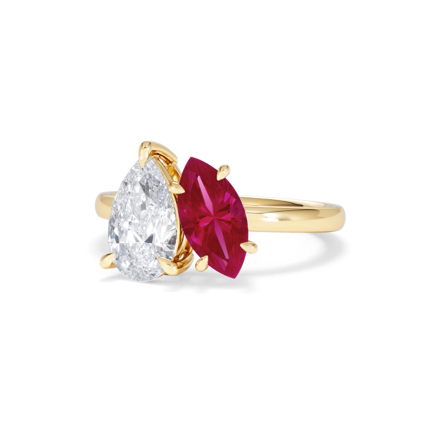 Toi Et Moi 1.50ct Pear Lab Diamond and 1.50ct Marquise Lab Ruby Engagement Ring in 18K Yellow Gold - Image 85