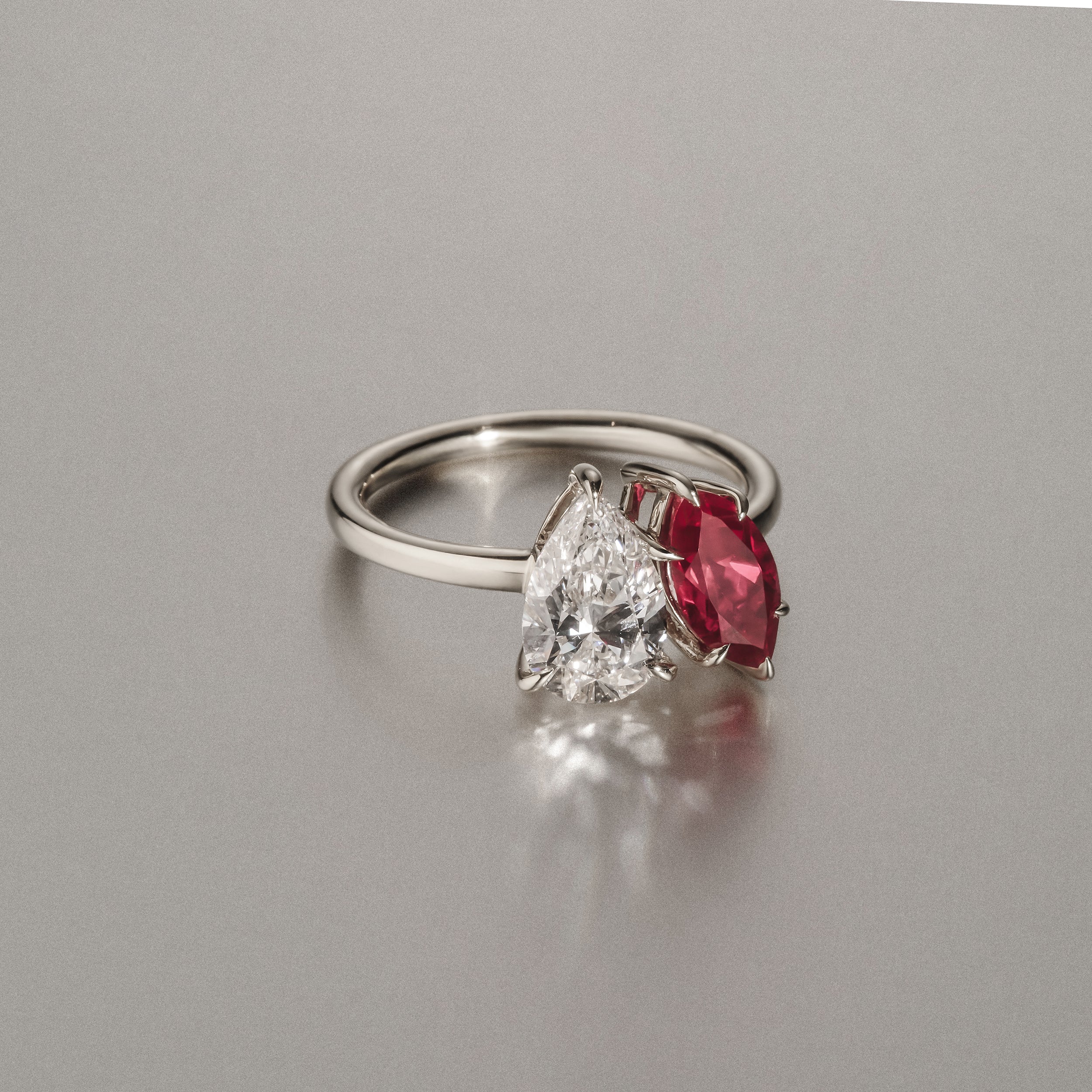 Toi Et Moi 1.50ct Pear Lab Diamond and 1.50ct Marquise Lab Ruby Engagement Ring in Platinum - Image 6