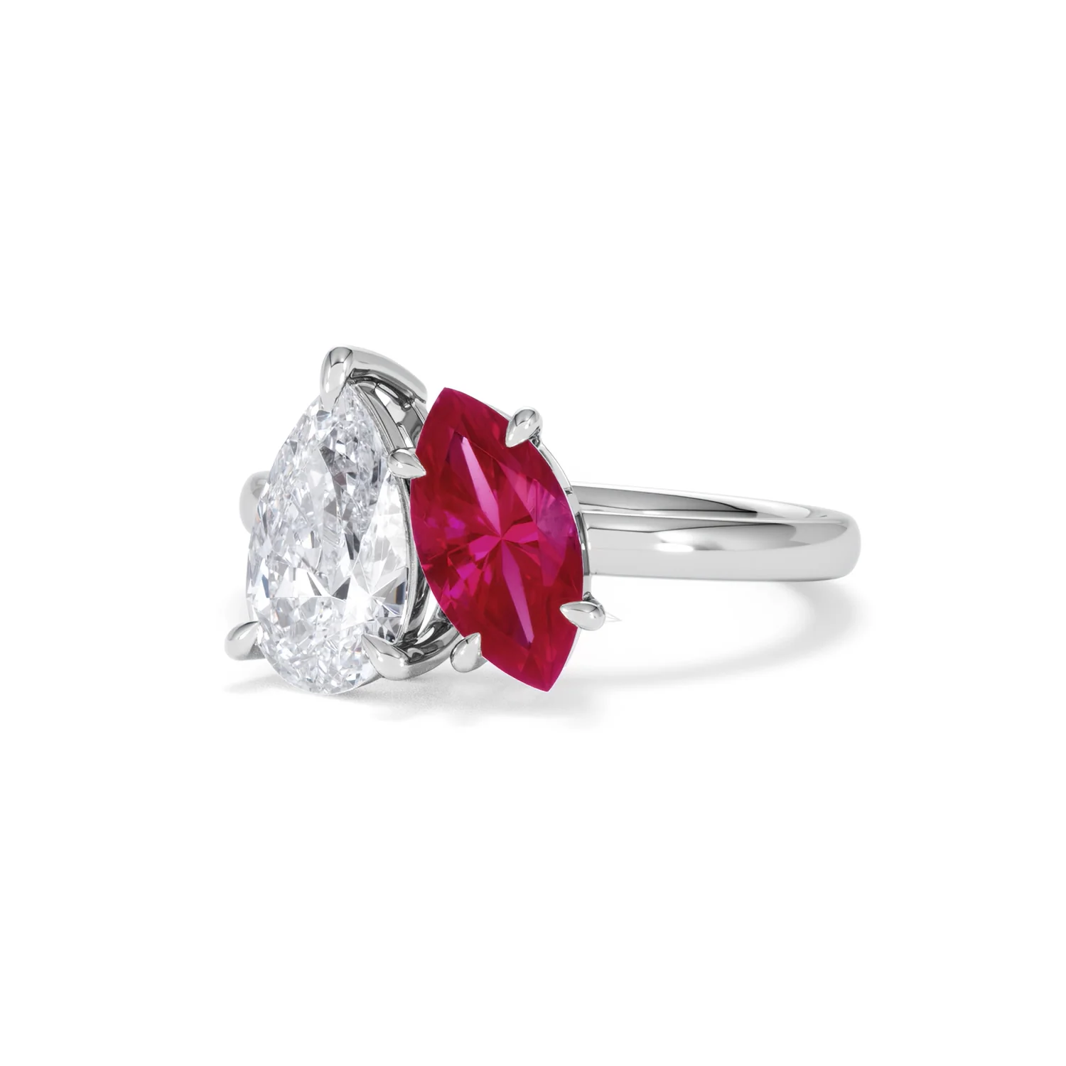 Toi Et Moi 1.50ct Pear Lab Diamond and 1.50ct Marquise Lab Ruby Engagement Ring in Platinum - Image 84