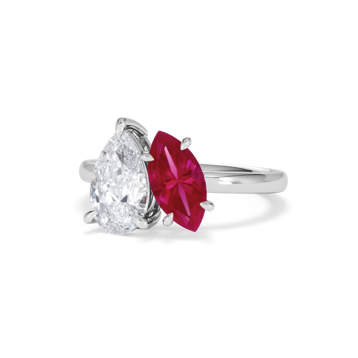 Toi Et Moi 1.50ct Pear Lab Diamond and 1.50ct Marquise Lab Ruby Engagement Ring in Platinum - Image 85