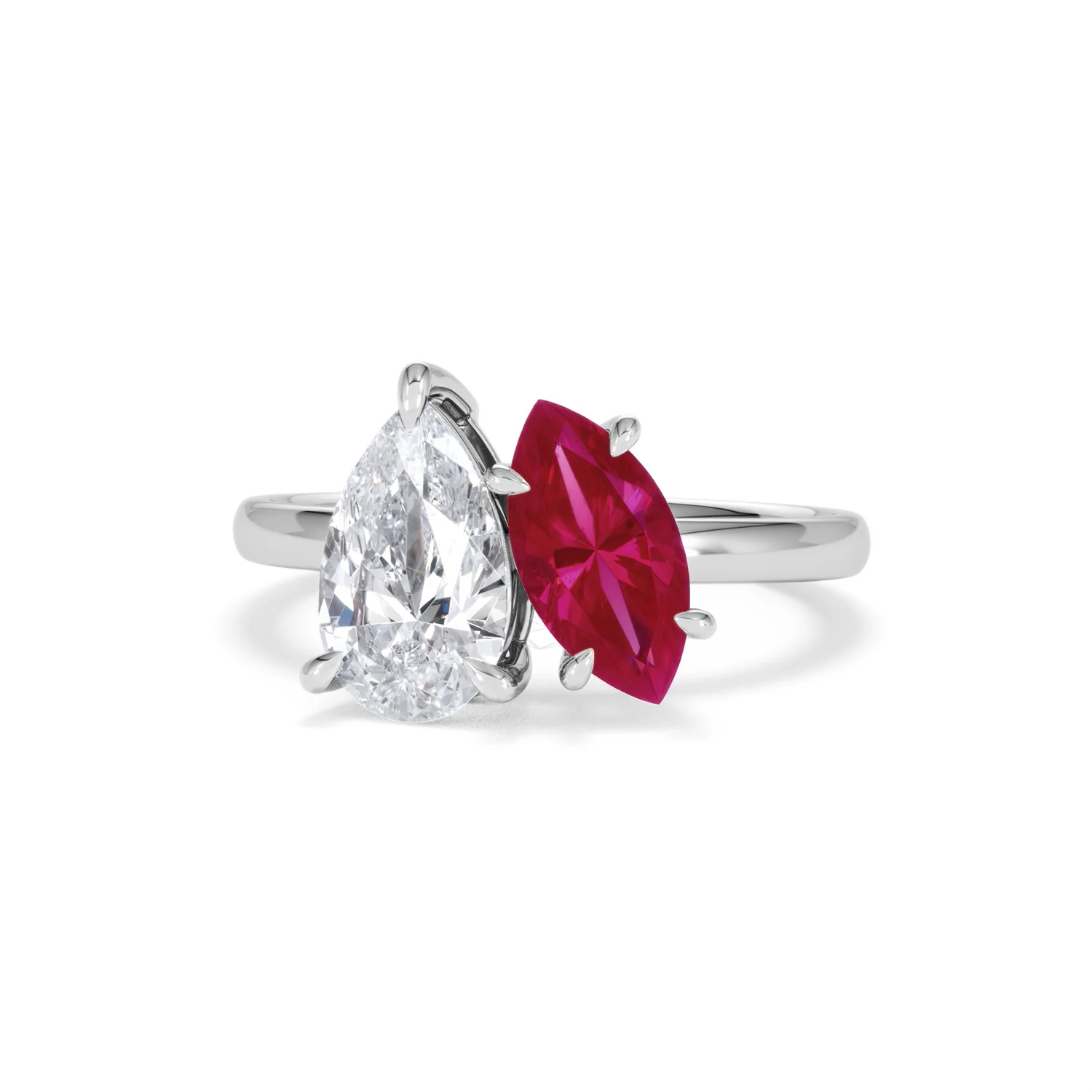 Toi Et Moi 1.50ct Pear Lab Diamond and 1.50ct Marquise Lab Ruby Engagement Ring in Platinum - Image 87