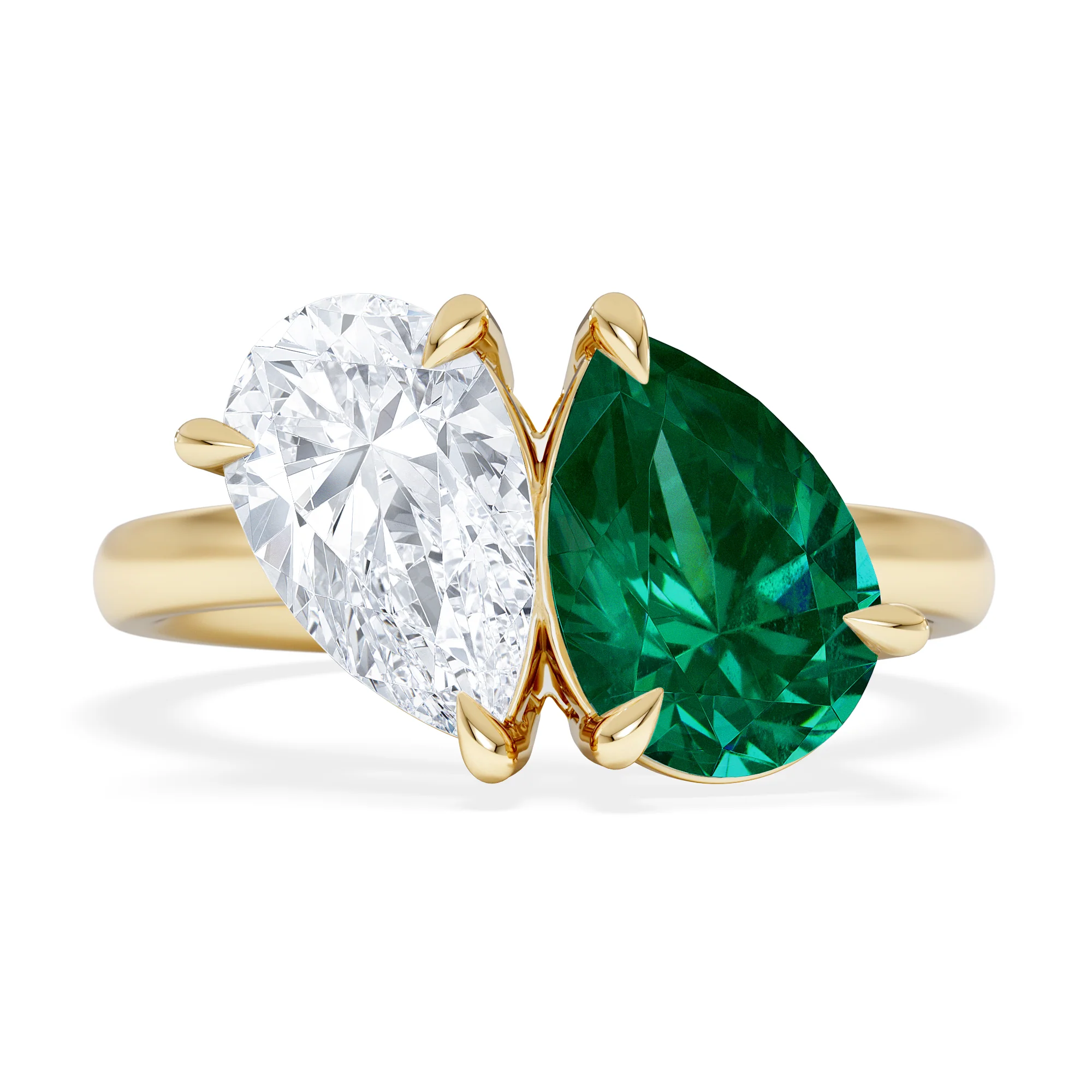 Toi Et Moi 1.50ct Pear Lab Diamond and 2.60ct Pear Lab Emerald Engagement Ring in 18K Yellow Gold - Image 7