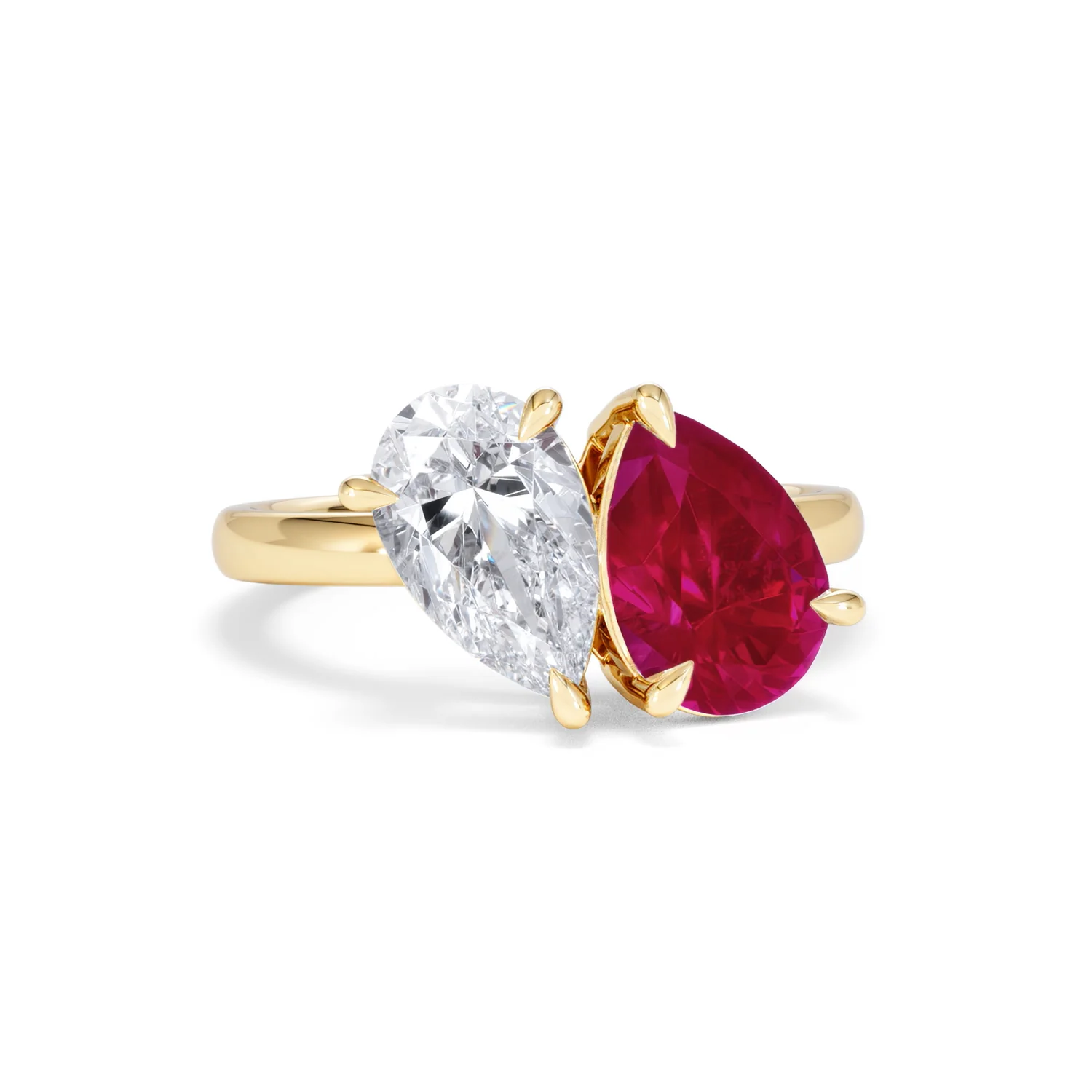 Toi Et Moi 1.50ct Pear Lab Diamond and 2.60ct Pear Lab Ruby Engagement Ring in 18K Yellow Gold - Image 11