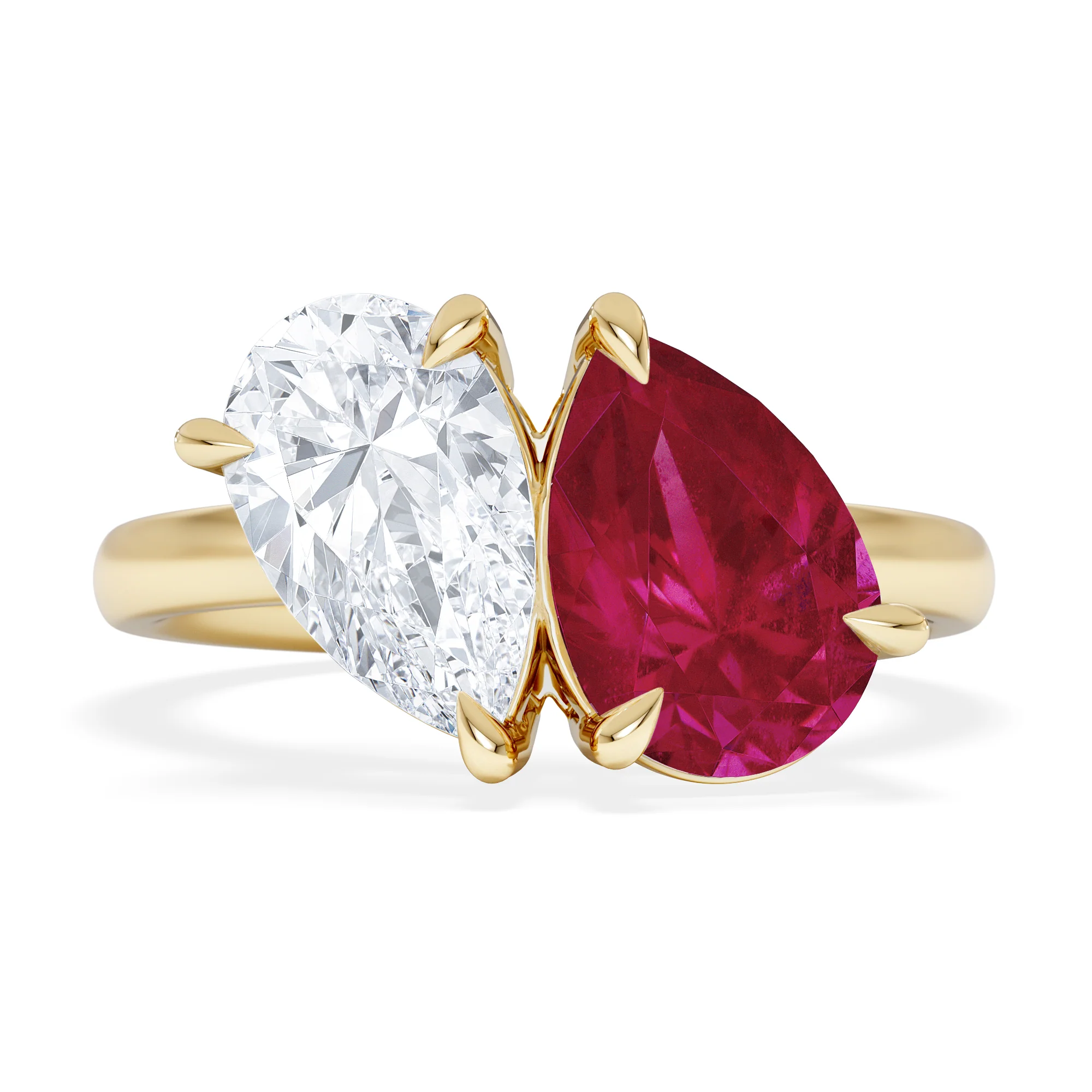 Toi Et Moi 1.50ct Pear Lab Diamond and 2.60ct Pear Lab Ruby Engagement Ring in 18K Yellow Gold - Image 7