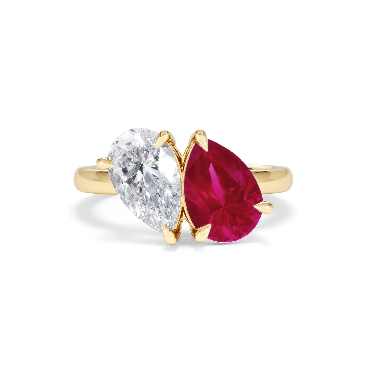 Toi Et Moi 1.50ct Pear Lab Diamond and 2.60ct Pear Lab Ruby Engagement Ring in 18K Yellow Gold - Image 9