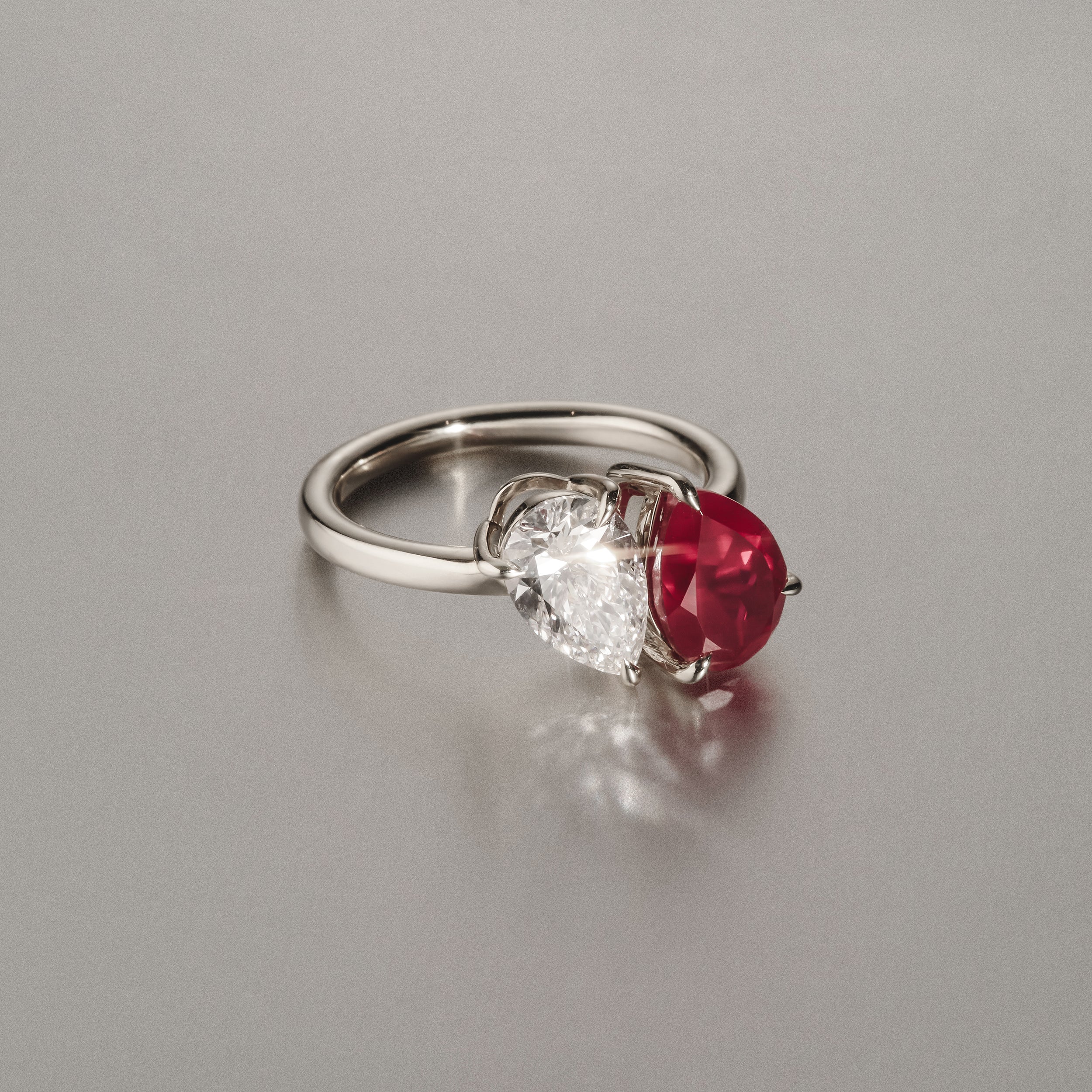 Toi Et Moi 1.50ct Pear Lab Diamond and 2.60ct Pear Lab Ruby Engagement Ring in Platinum - Image 6