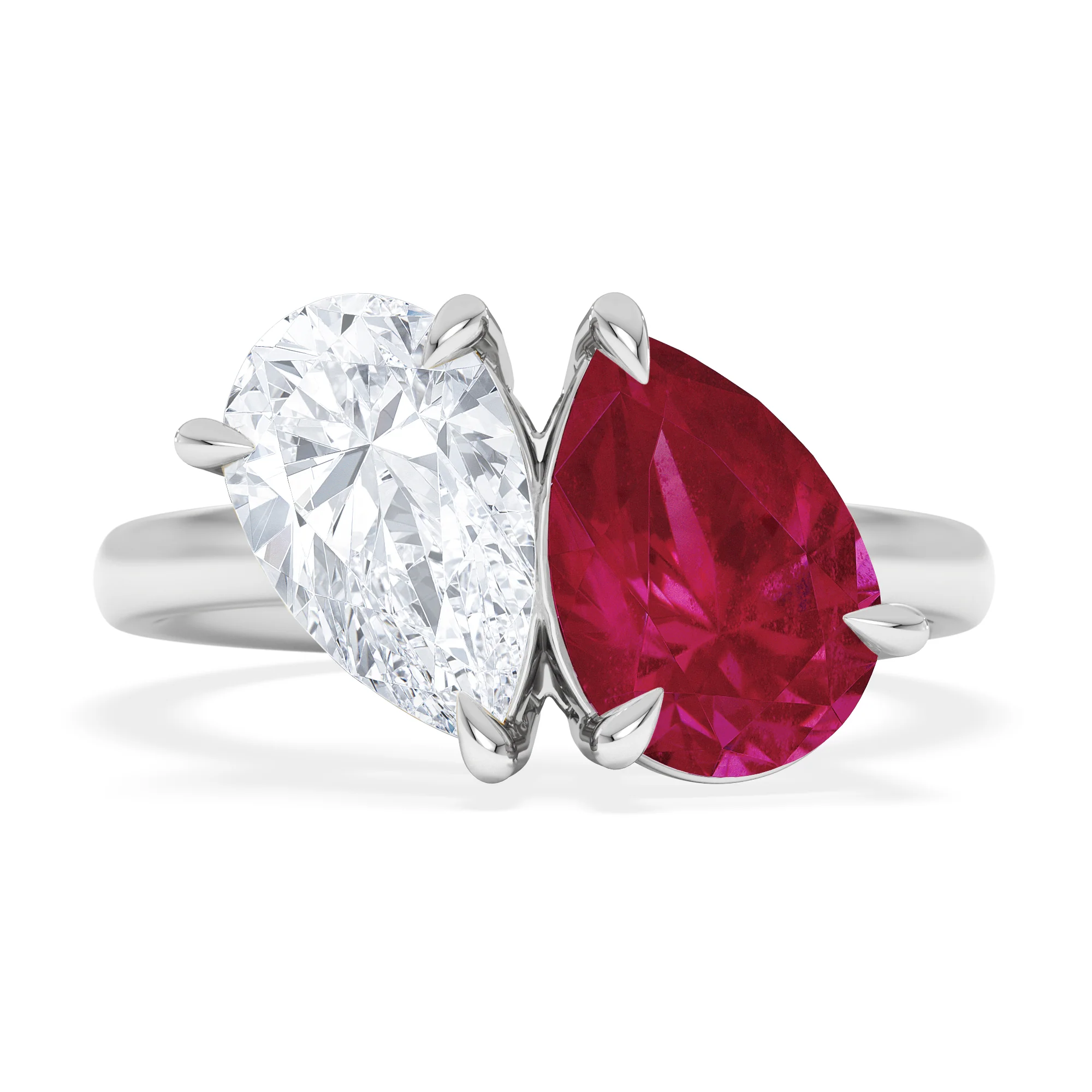 Toi Et Moi 1.50ct Pear Lab Diamond and 2.60ct Pear Lab Ruby Engagement Ring in Platinum - Image 7