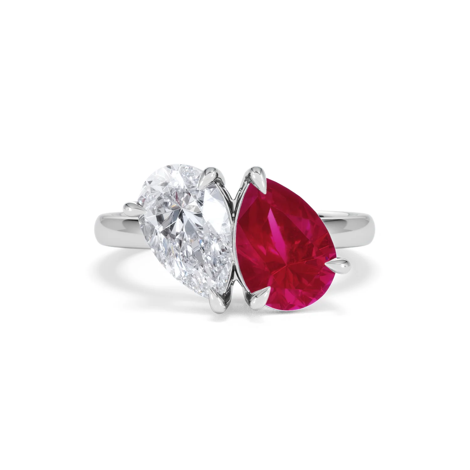 Toi Et Moi 1.50ct Pear Lab Diamond and 2.60ct Pear Lab Ruby Engagement Ring in Platinum - Image 9
