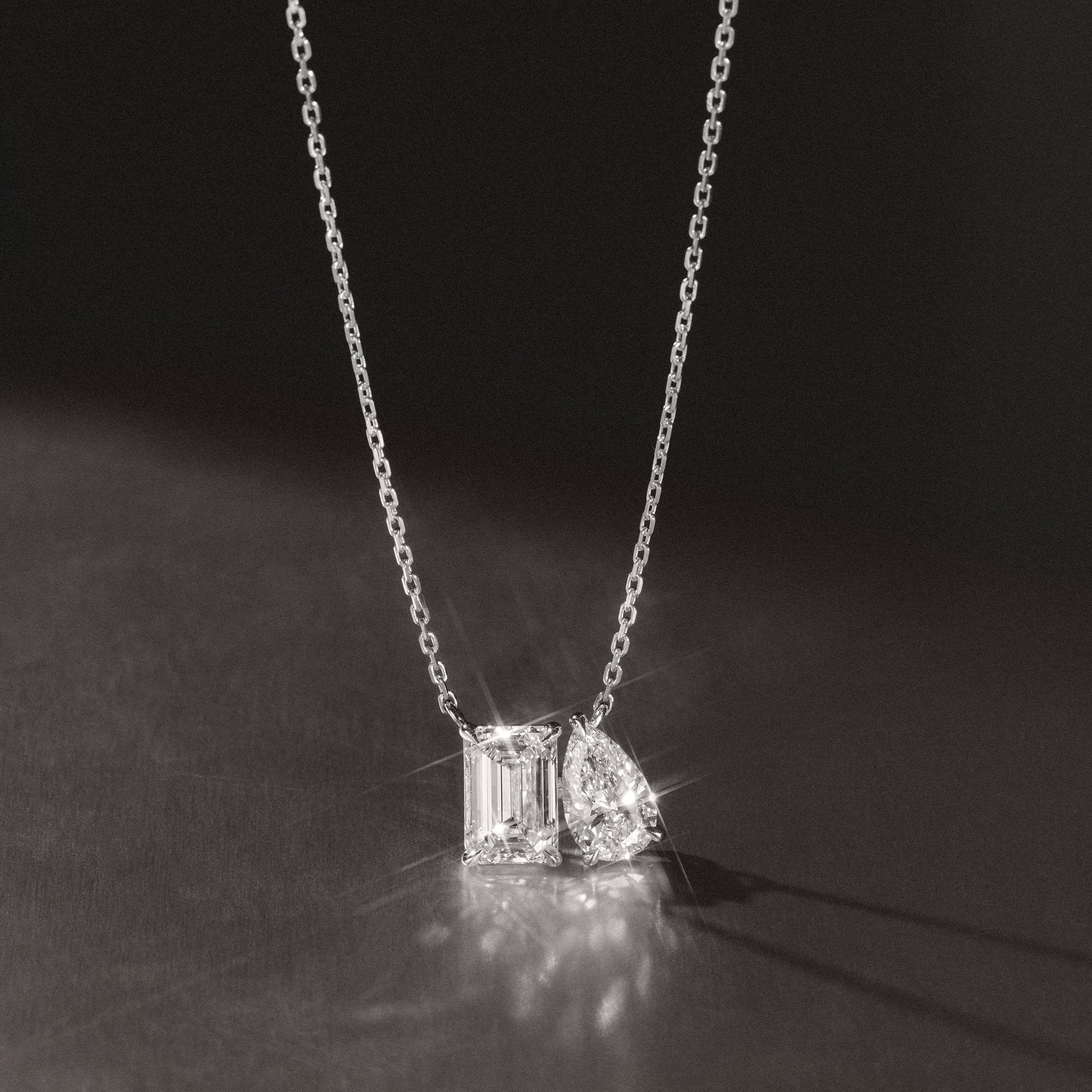 Toi Et Moi 3.00ct Emerald and Pear Cut Lab Diamond 2 Stone Necklace in 18K White Gold - Image 8