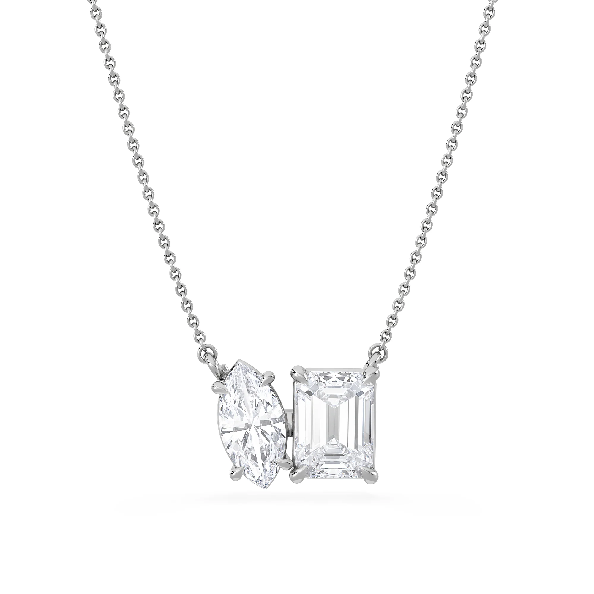 Toi Et Moi 3.00ct Marquise and Emerald Cut Lab Diamond 2 Stone Necklace in 18K White Gold - Image 3
