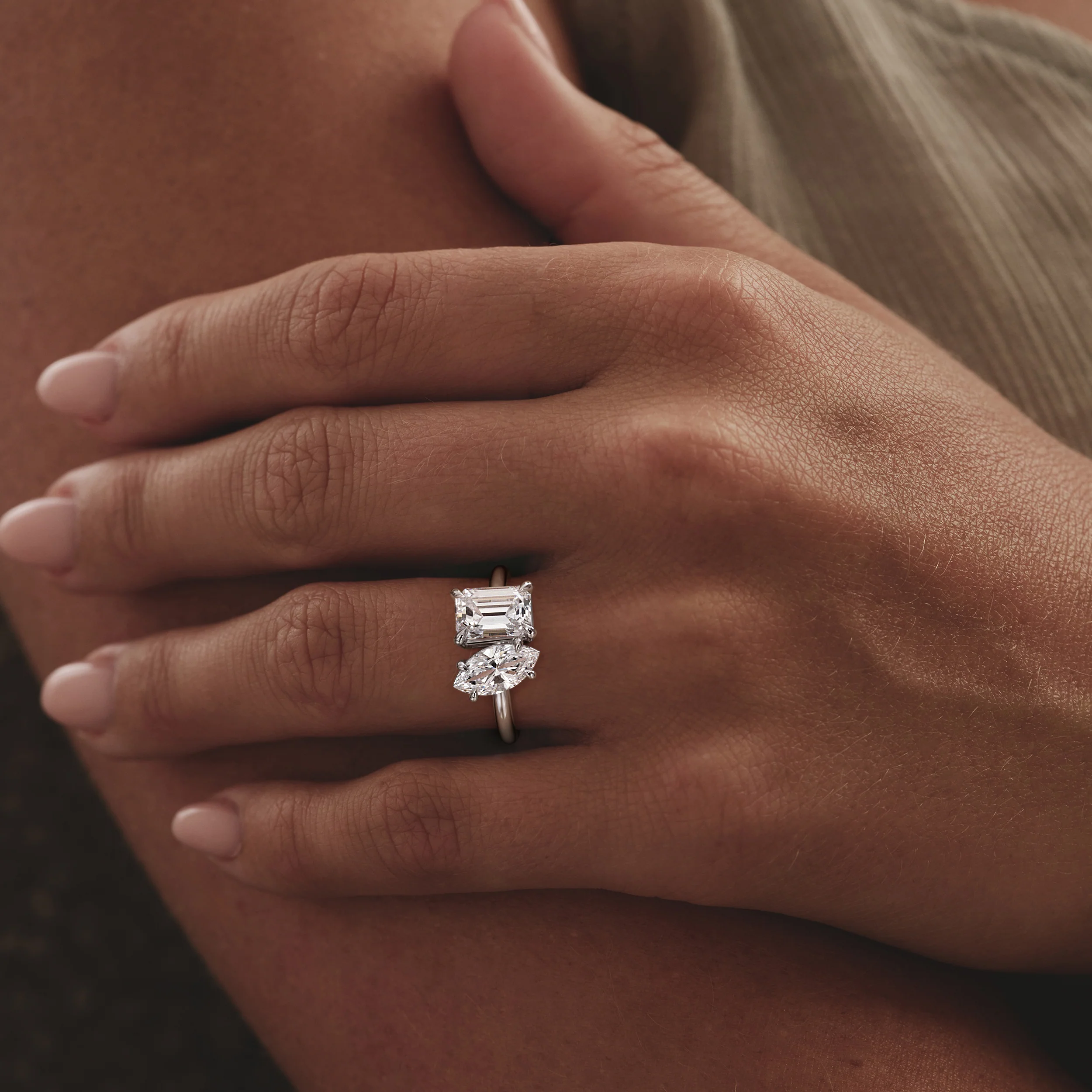 Toi Et Moi 3.00ct Marquise and Emerald Cut Lab Diamond Engagement Ring in Platinum - Image 2