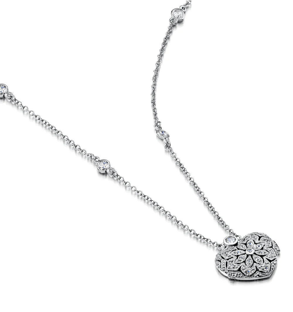 Vintage Heart Locket Lab Diamond Necklace White Topaz in 925 Silver - Image 3