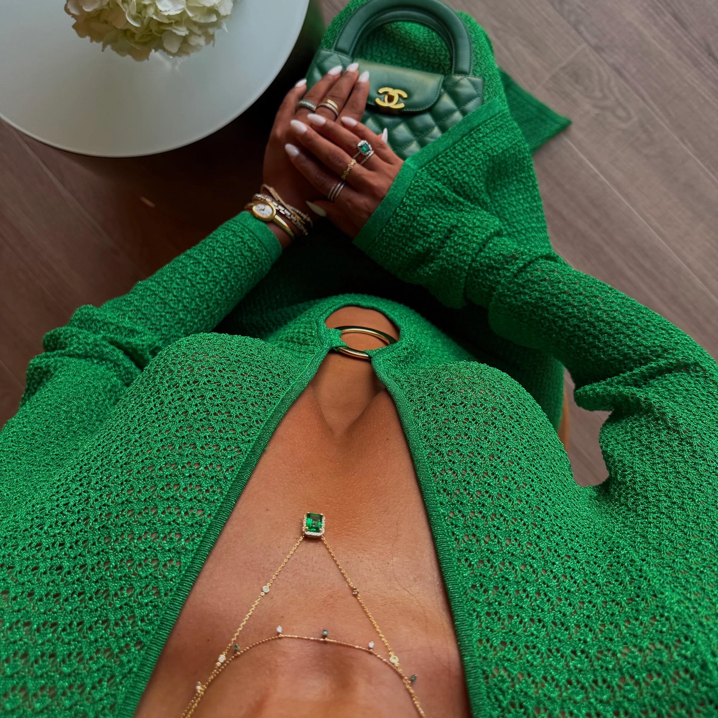 Vivara Lab Emerald and Lab Diamond Necklace Set in 9K Yellow Gold - Image 6